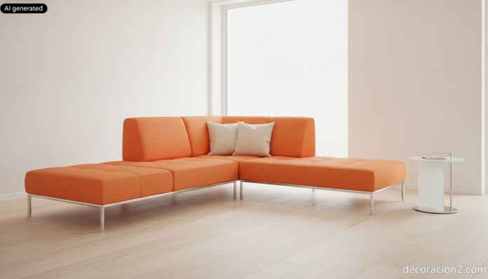 Banco convertible en sofá de color naranja en un salón moderno y luminoso