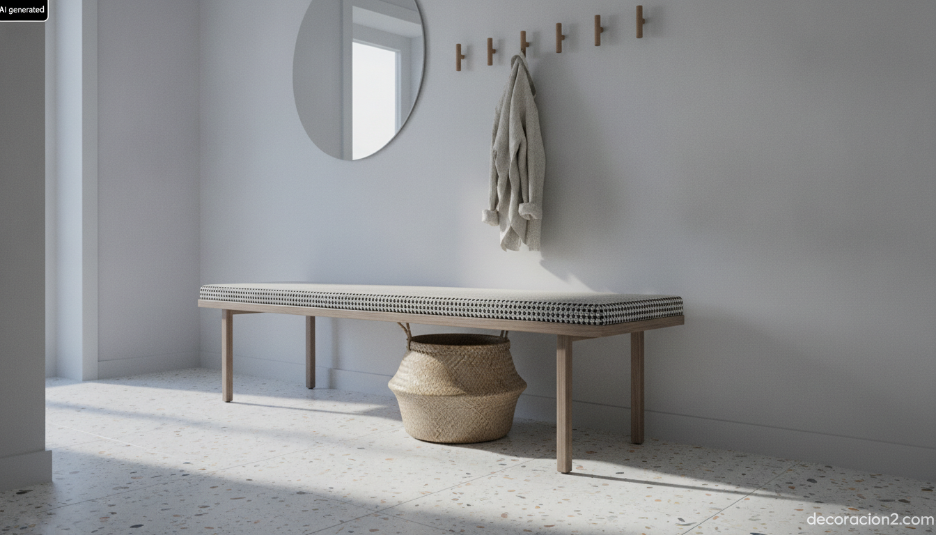 Banco convertible en blanco y negro colocado en el recibidor de una vivienda de estilo nórdico