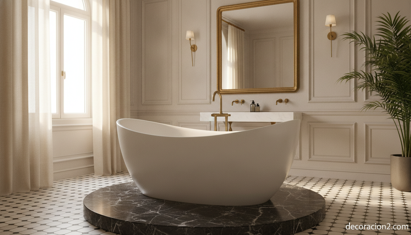 Bañera oval exenta estilo Epoca Egg en un baño clásico contemporáneo