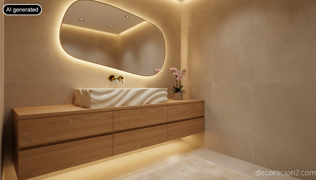 Baño de invitados con lavabo escultórico de piedra natural y estilo elegante