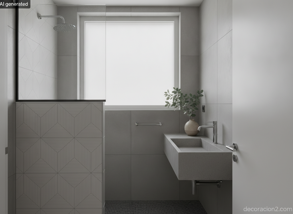Azulejos personalizados: cómo encargar cerámica a medida para tu casa (técnicas, precios y errores) 8 Baño contemporáneo con revestimiento de porcelánico blanco grabado al láser y junta gris oscura