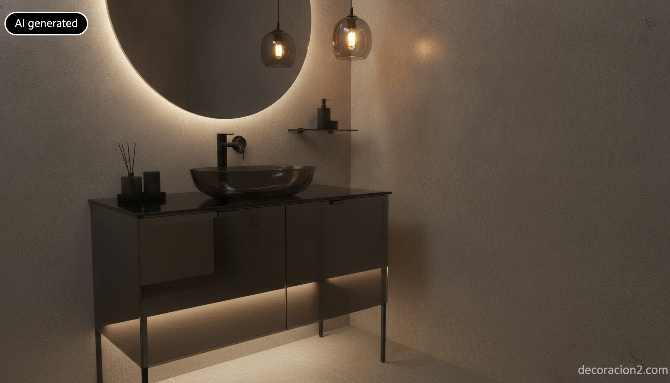 Baño pequeño con mueble de vidrio ahumado en tonos oscuros y ambiente cálido