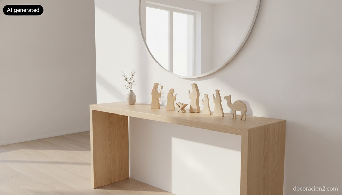 Nacimiento minimalista de madera natural sobre una consola de recibidor de estilo nórdico