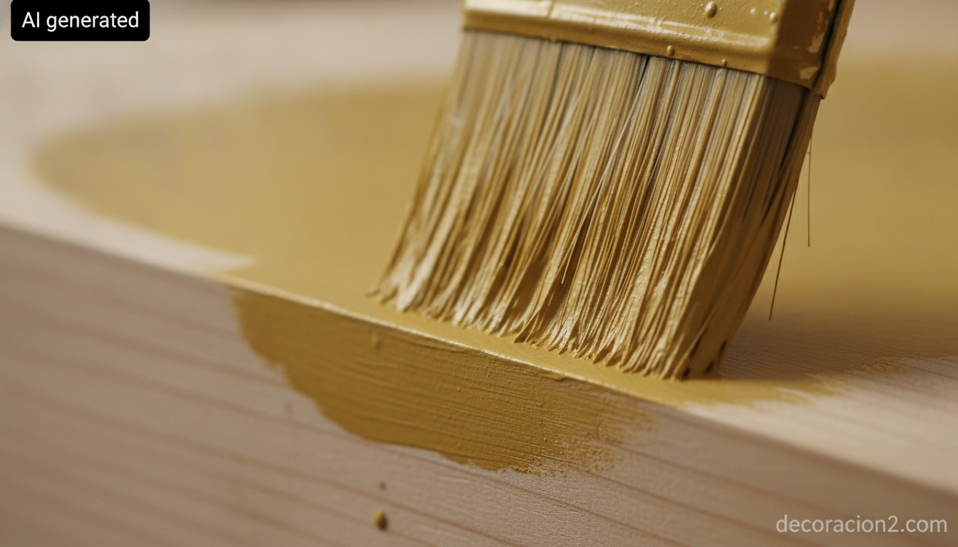 Detalle de una brocha aplicando pintura a la tiza en capa fina sobre madera