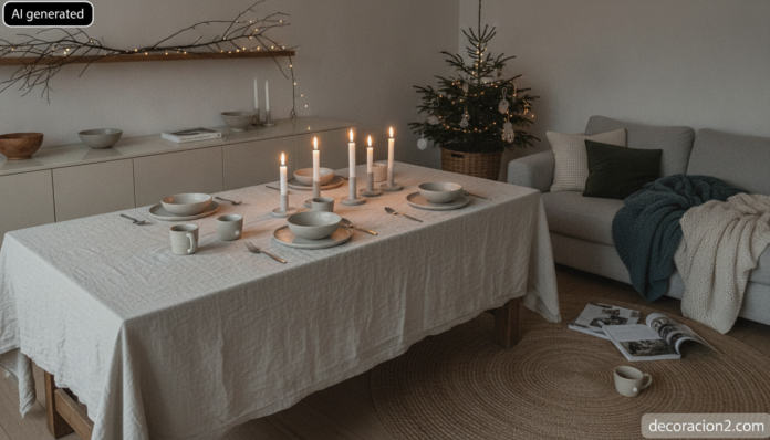 Salón nórdico decorado para Navidad con luz cálida y mesa preparada para una comida familiar