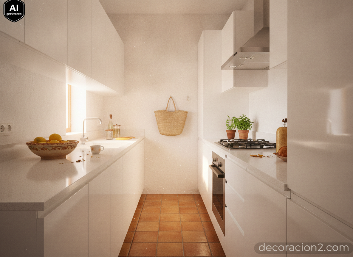 Cocina estrecha con campana telescópica integrada en el mueble alto sobre una placa de gas