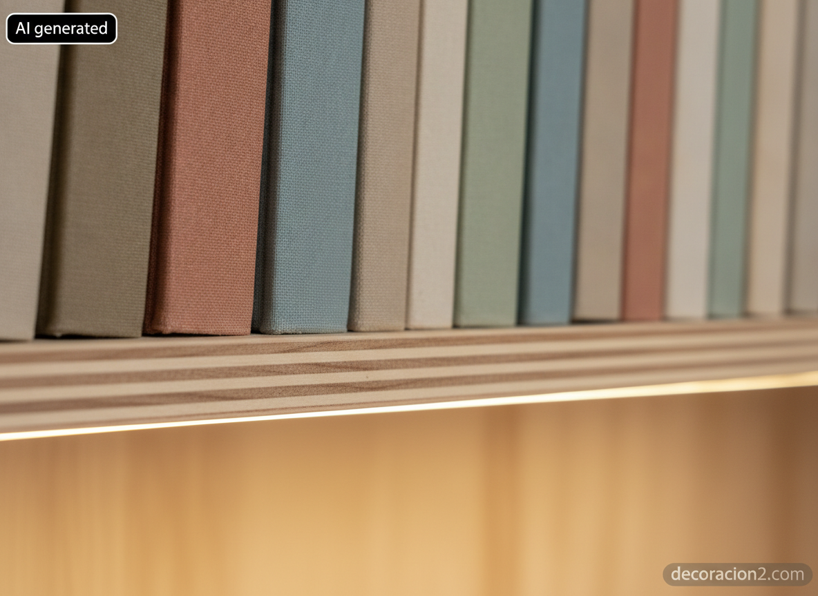Detalle macro del canto de contrachapado de abedul de una balda con lomos de libros y luz LED cálida