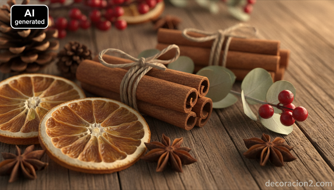 Detalle de un centro de mesa navideño con ramas de eucalipto, canela y rodajas de naranja seca