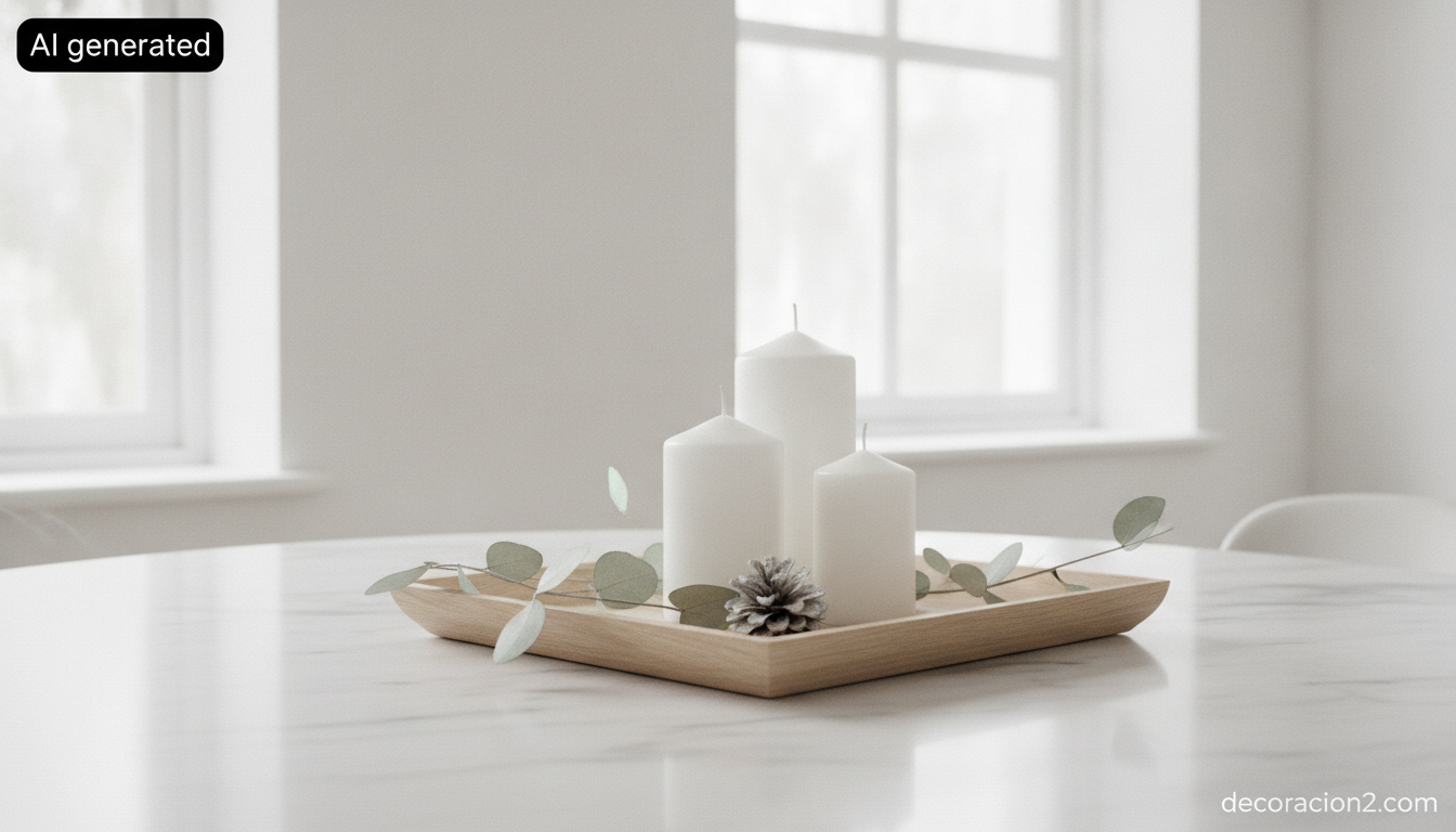 Centro de mesa navideño de estilo nórdico en blanco y madera con velas y eucalipto
