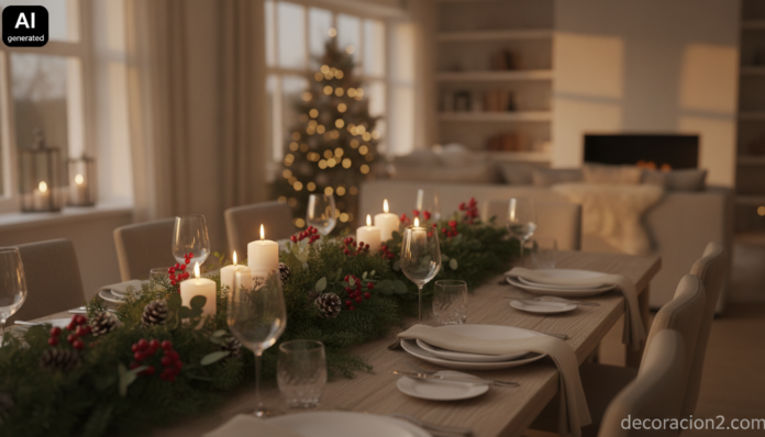 Centros de mesa navideños sobre una mesa de comedor decorada para la cena de Navidad