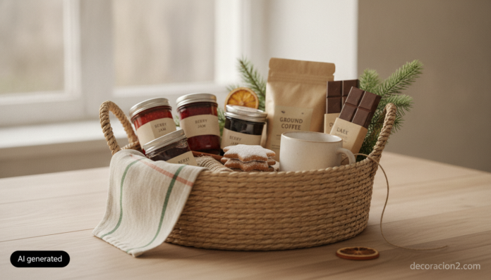 Cesta de Navidad casera de estilo nórdico sobre una mesa de madera con productos y ramas de abeto