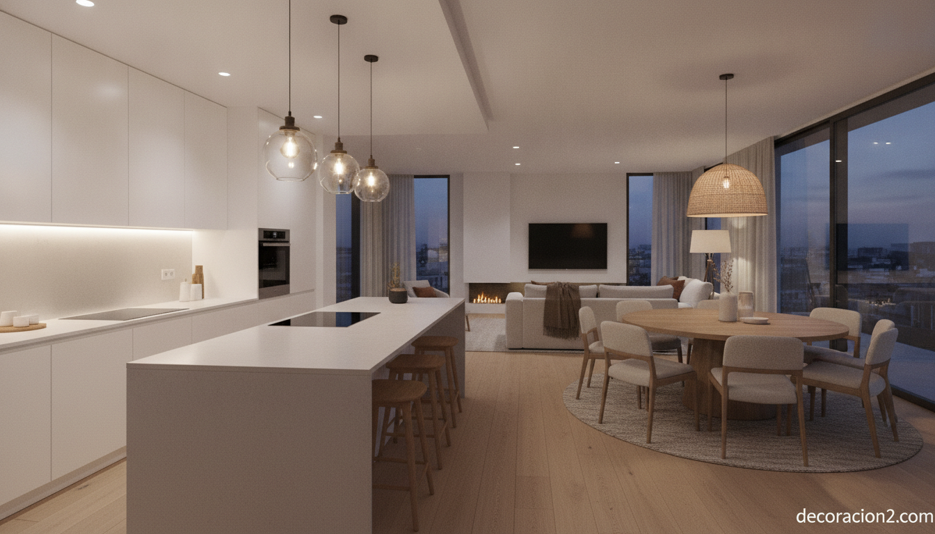 Cocina abierta integrada al salón con iluminación cálida colgante