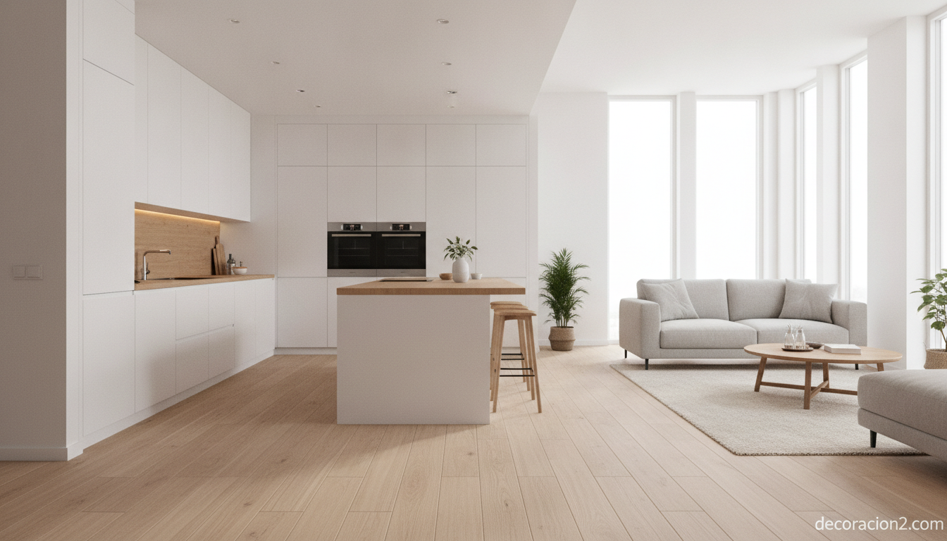 Cocina abierta integrada al salón en una casa de estilo moderno