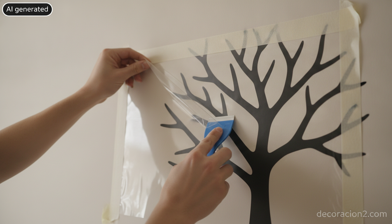 Detalle de unas manos alisando con una espátula de plástico un vinilo adhesivo sobre la pared