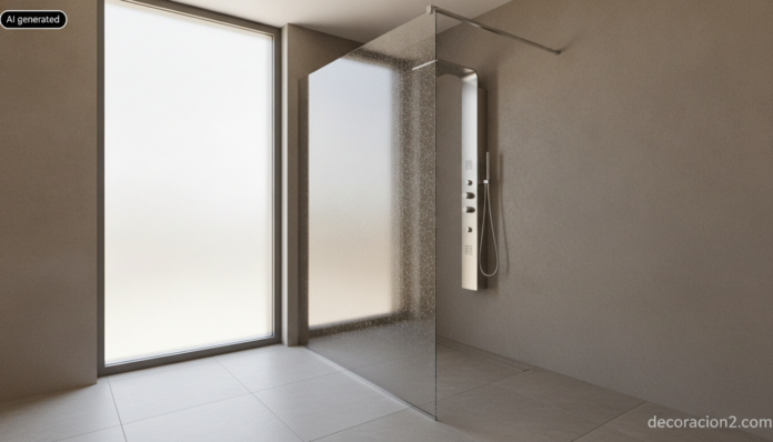 Realistic interior photography, wide angle view of a contemporary bathroom with a walk-in shower area, tall brushed stainl... Baño contemporáneo con columna de hidromasaje de acero inoxidable y mampara de cristal en zona de ducha a ras de suelo