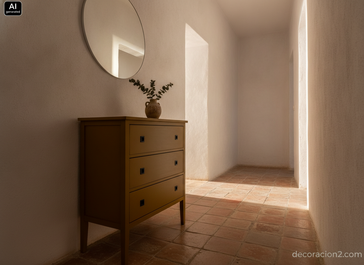 Restaurar una cómoda vieja y convertirla en mueble infantil: guía paso a paso 4 Cómoda antigua recuperada y pintada en ocre mostaza colocada en un pasillo estrecho con suelo de barro cocido