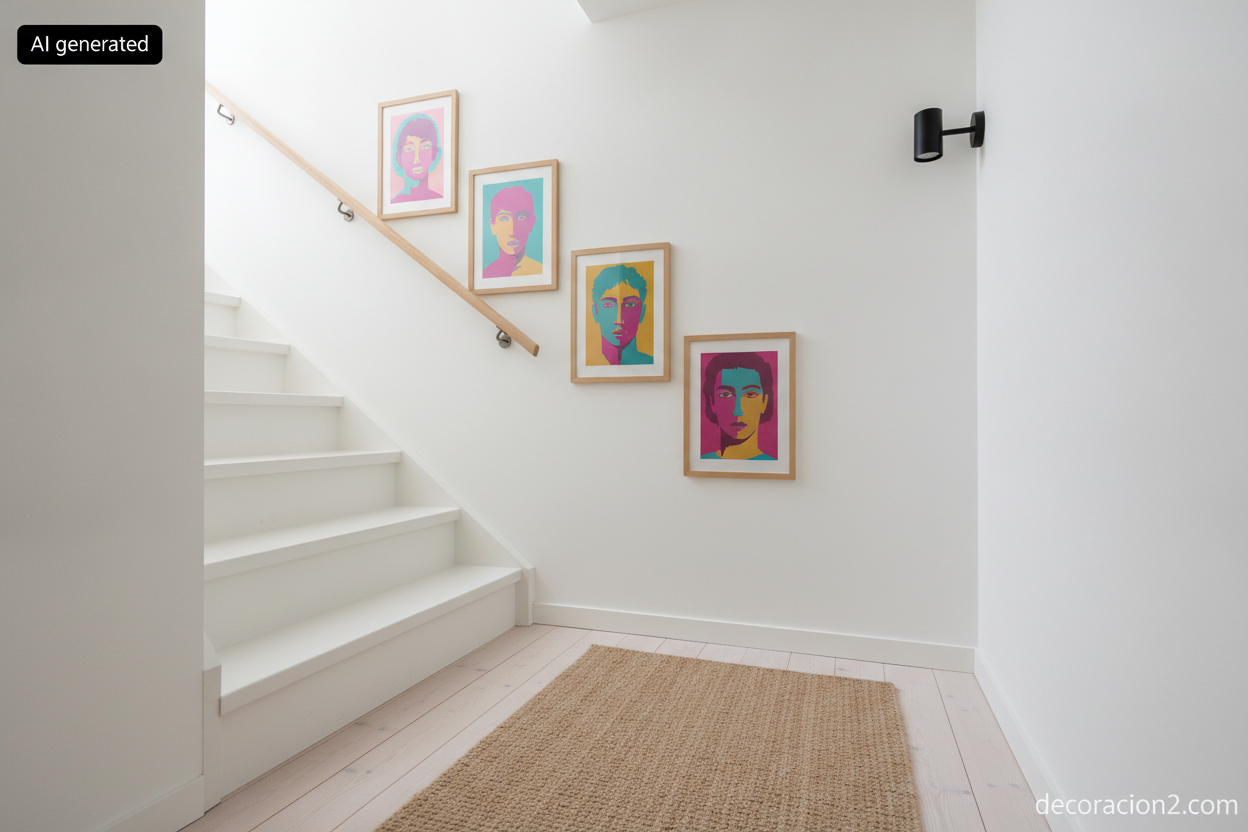 Pasillo decorado con una composición de pósters de retratos en marcos de madera clara