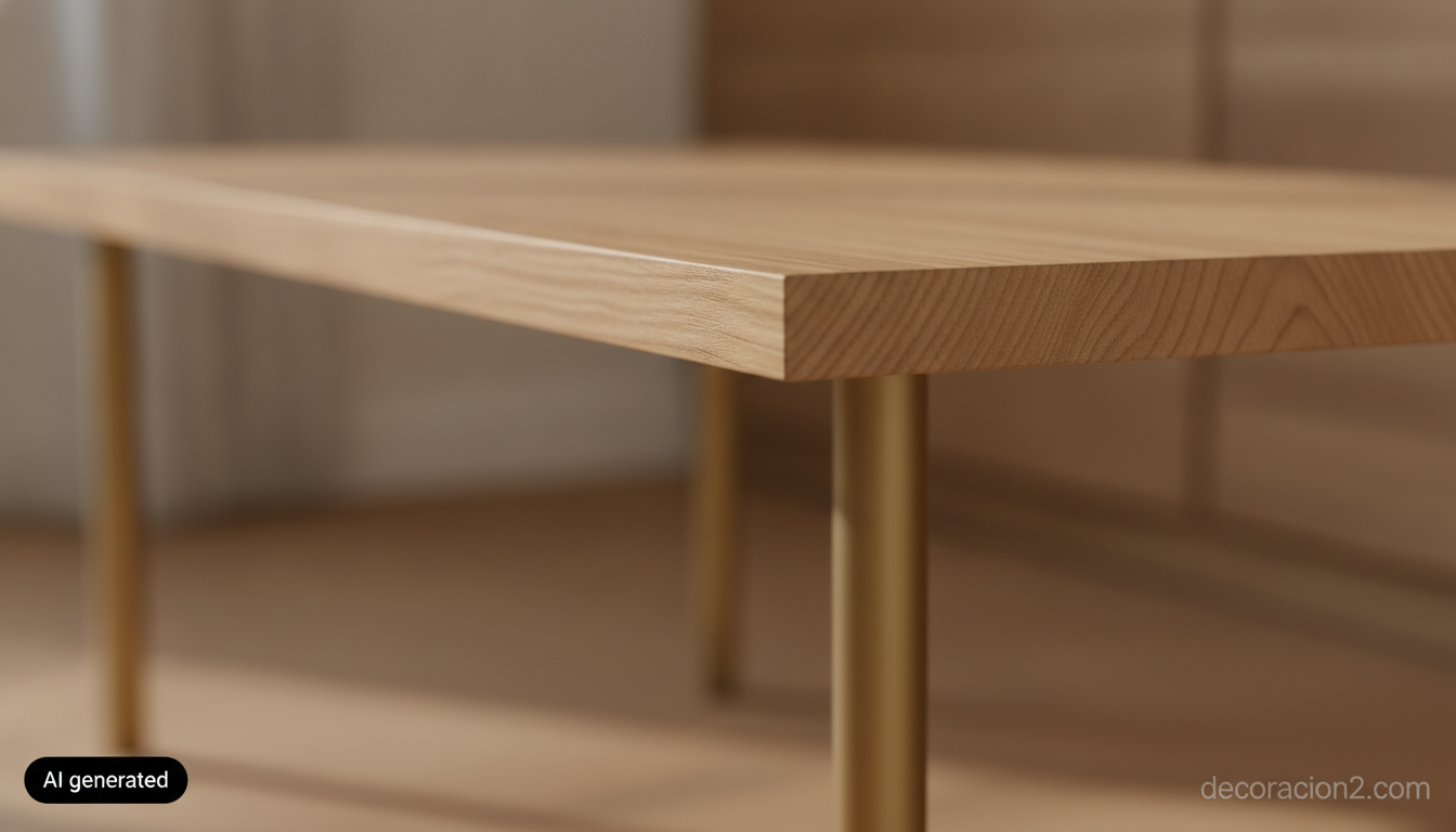 Detalle de consola de entrada minimalista de madera con pata única y tablero flotante