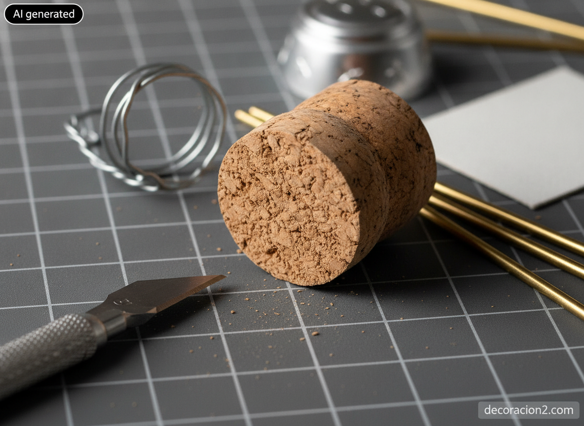 Sillas en miniatura con corchos: cómo convertir tapones de cava en piezas de diseño 1 Detalle macro de un tapón de cava cortado junto a un bisturí de precisión, alambre del bozal y lija