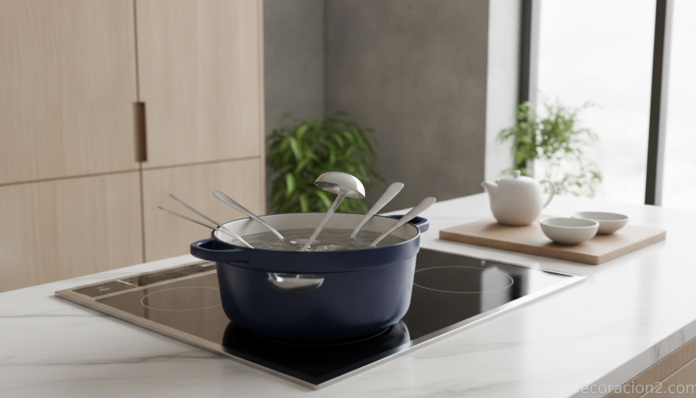 Cubiertos flotantes de diseño japonés flotando en una olla de agua en una cocina moderna
