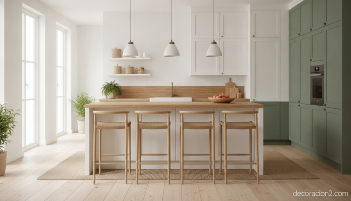 Cocina moderna decorada en tonos neutros con isla central