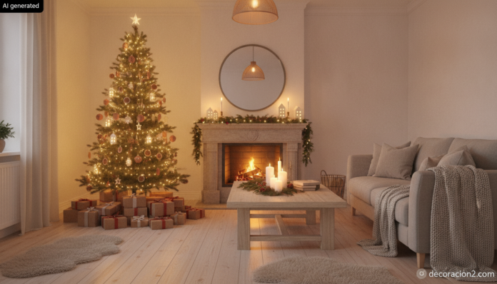 Salón decorado con decoración navideña de Ikea, árbol iluminado y ambiente cálido