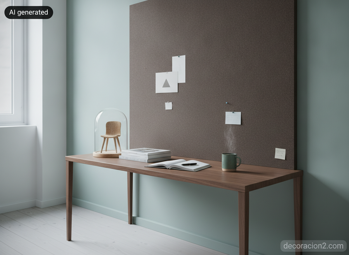 Sillas en miniatura con corchos: cómo convertir tapones de cava en piezas de diseño 2 Despacho en casa con panel mural de corcho y una miniatura de silla bajo una campana de cristal