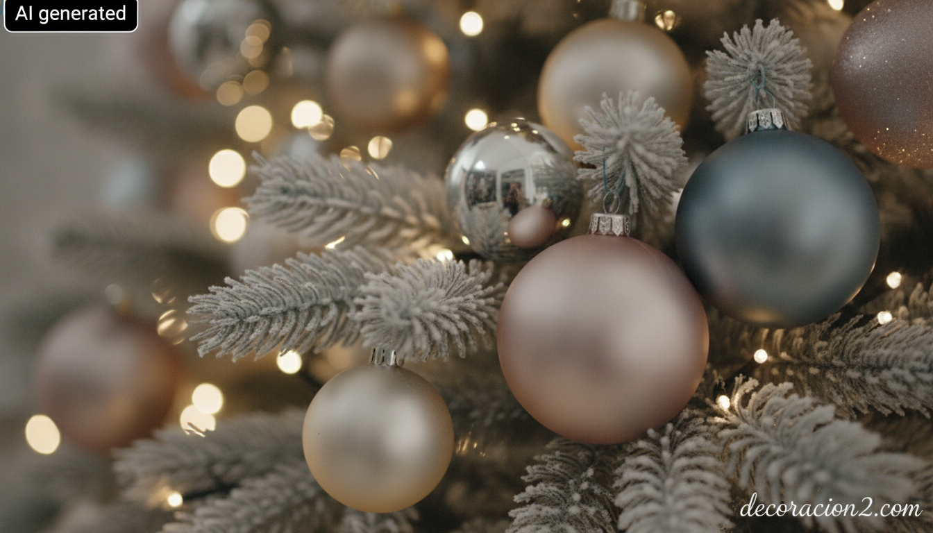 Detalle de adornos navideños y luces LED cálidas en el árbol de Navidad
