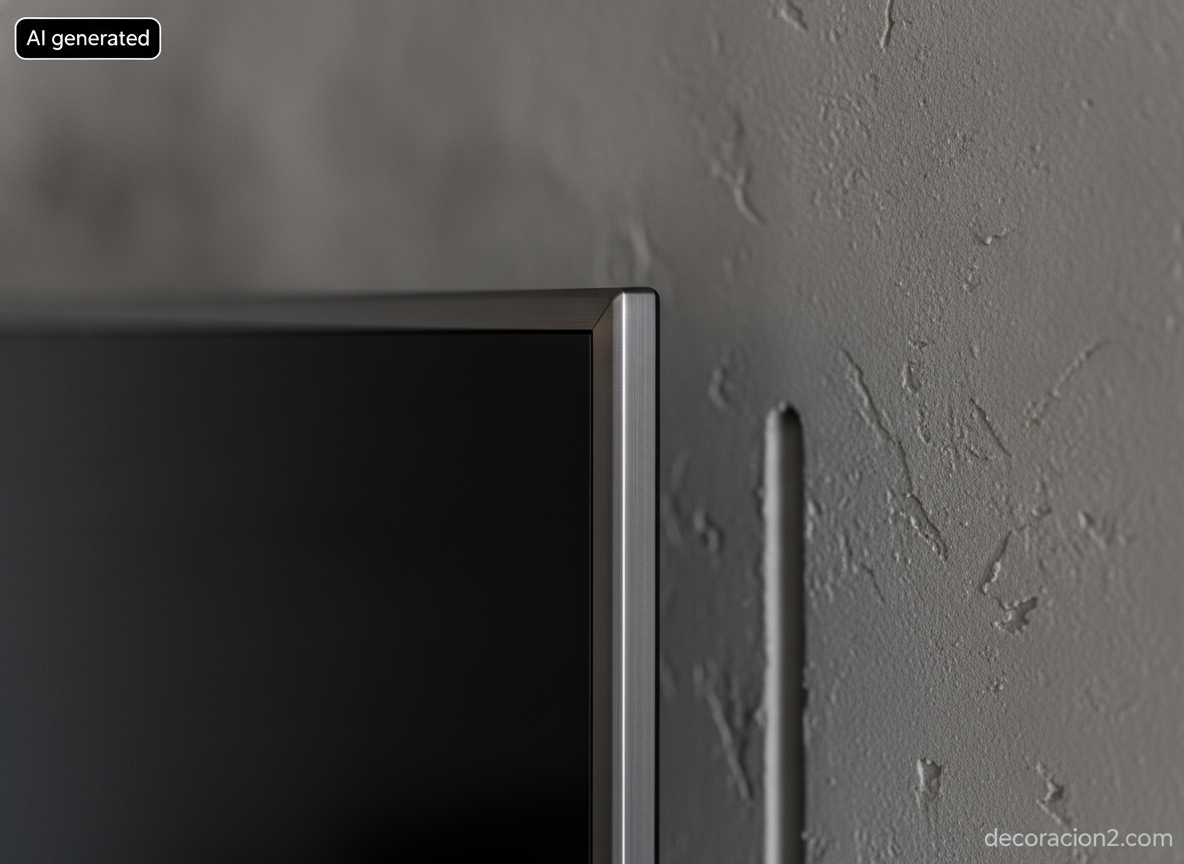 Televisores ultradelgados en el salón: guía 2026 de medidas, montaje y precios 1 Detalle macro del borde de milímetros de una pantalla ultrafina sobre pared de microcemento gris