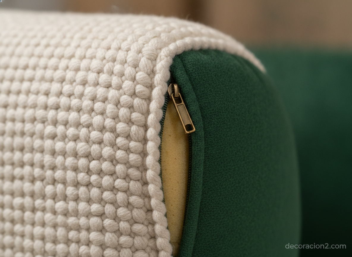 Detalle de la costura y la cremallera de un cojín desenfundable de bouclé crema y lana verde