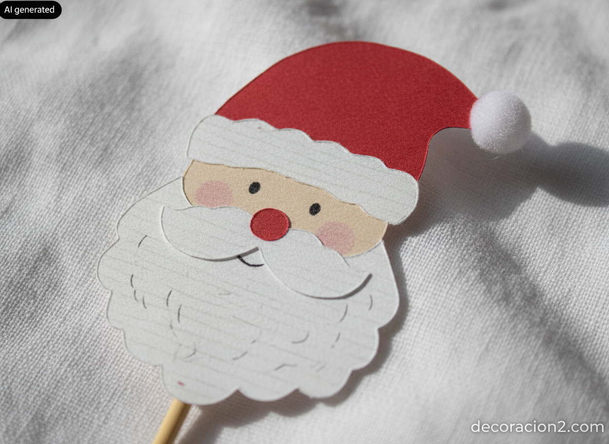 Detalle macro del gorro de cartulina roja y la barba de papel texturizado de la figura