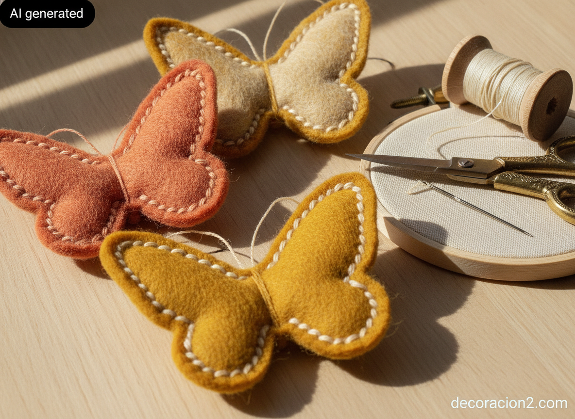 Detalle de mariposas de fieltro cosidas a mano junto a hilo encerado, tijeras y un aro de bordar sobre una mesa de trabajo de madera