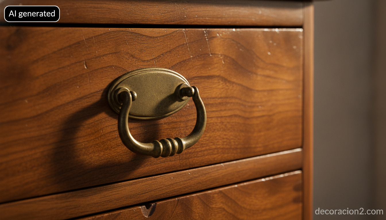 Detalle de la pátina y los herrajes de latón de un mueble vintage restaurado
