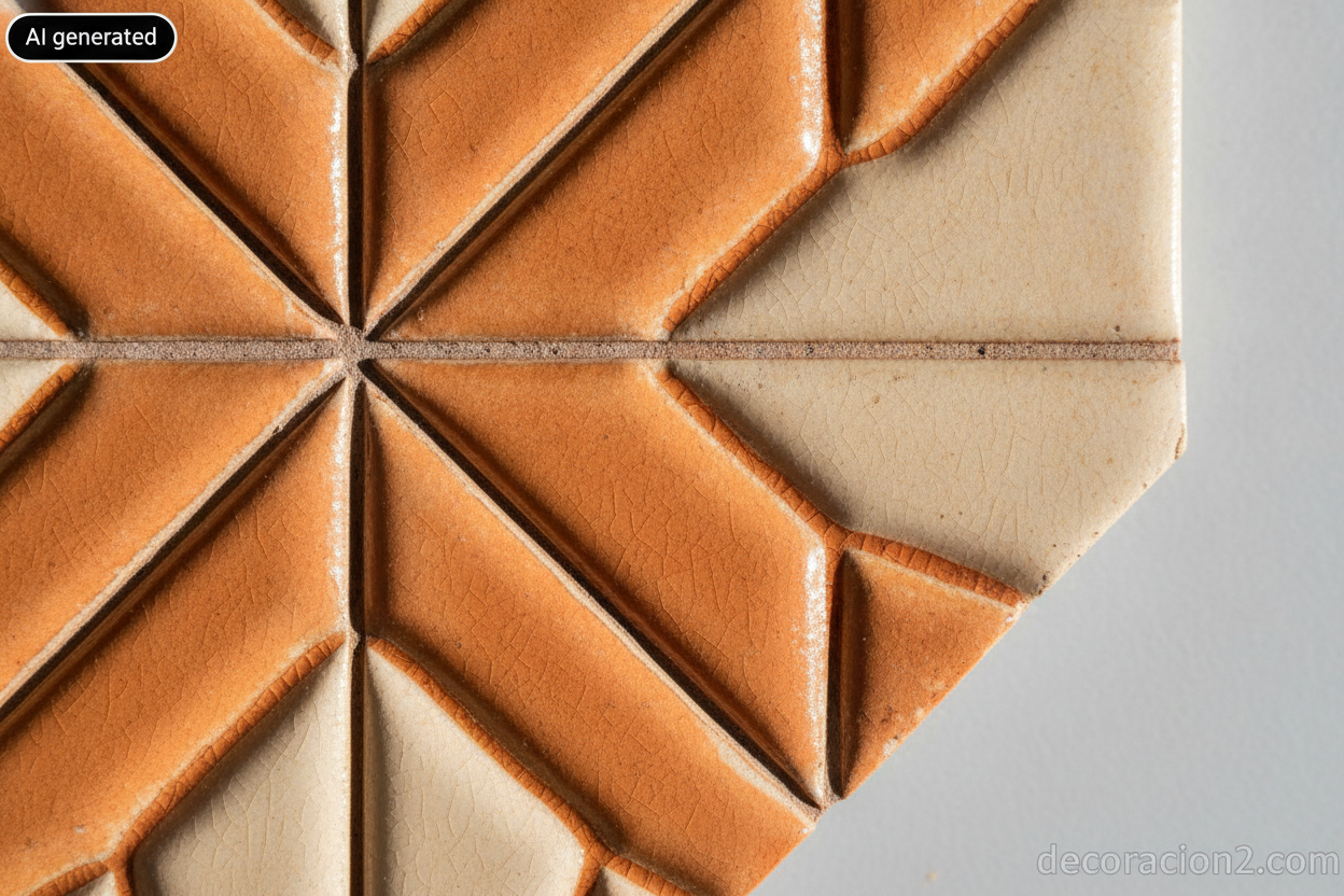 Detalle en primer plano del relieve y el acabado brillante de un azulejo decorativo
