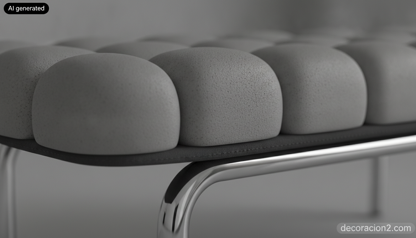 Detalle del respaldo modular de poliuretano y las patas de metal cromado del banco convertible