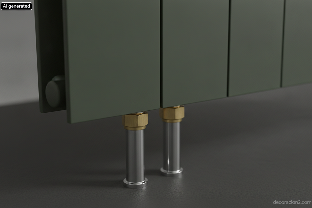 Detalle de la válvula termostática y los tubos de acero de un radiador de diseño