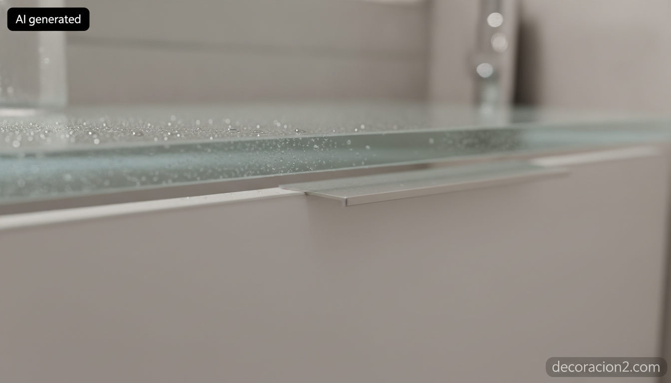 Detalle de textura de una balda de vidrio templado satinado en el baño