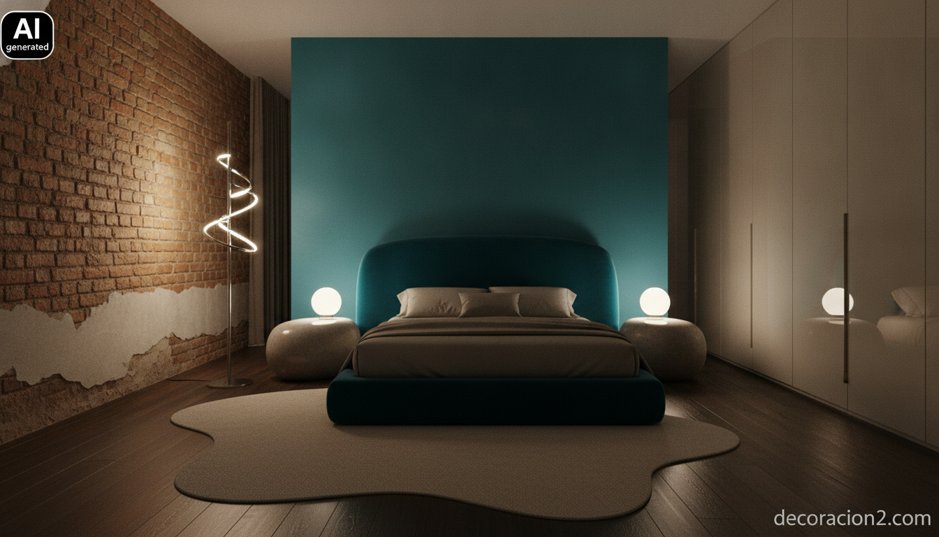 Zona de dormitorio de un loft delimitada por un panel turquesa y muebles de formas curvas