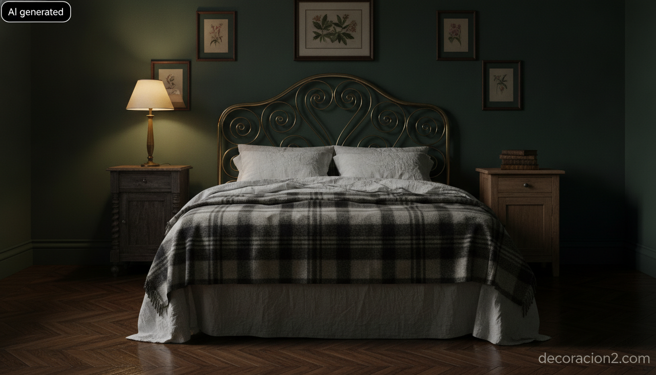 Dormitorio vintage con paredes en verde inglés y cabecero de forja antiguo