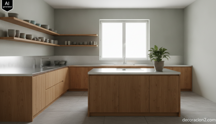 Cocina moderna con encimeras metalizadas de acero inoxidable y muebles de madera