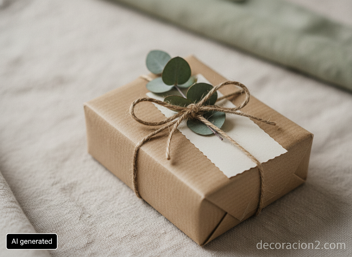 Detalle de un regalo de decoración envuelto en papel kraft con cordel de yute y ramita de eucalipto