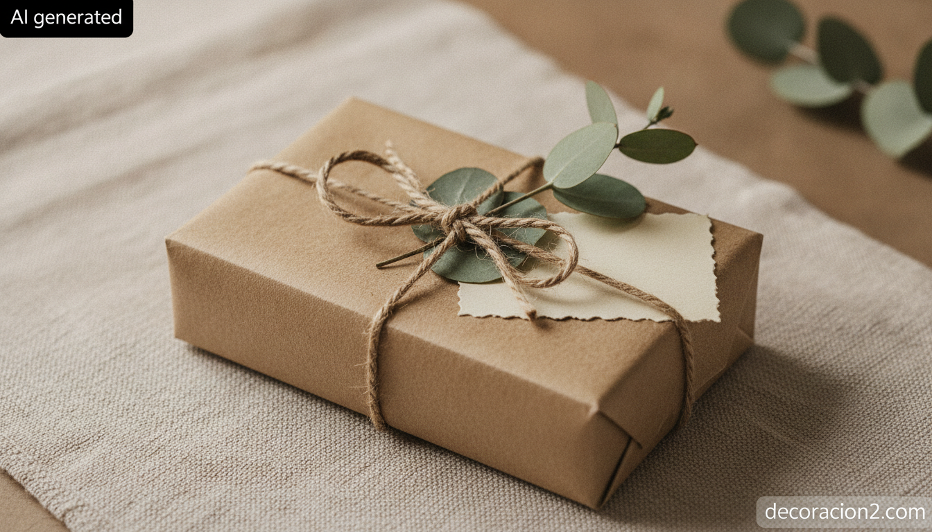 Regalos de decoración para amigos: cómo acertar con un detalle para su casa 3 Detalle de un regalo de decoración envuelto en papel kraft con cuerda de algodón y una ramita de eucalipto