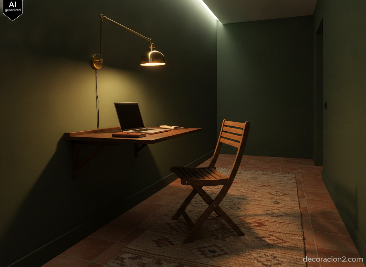 Escritorio abatible de pared en un pasillo pintado de verde oscuro con lámpara de latón y alfombra alargada