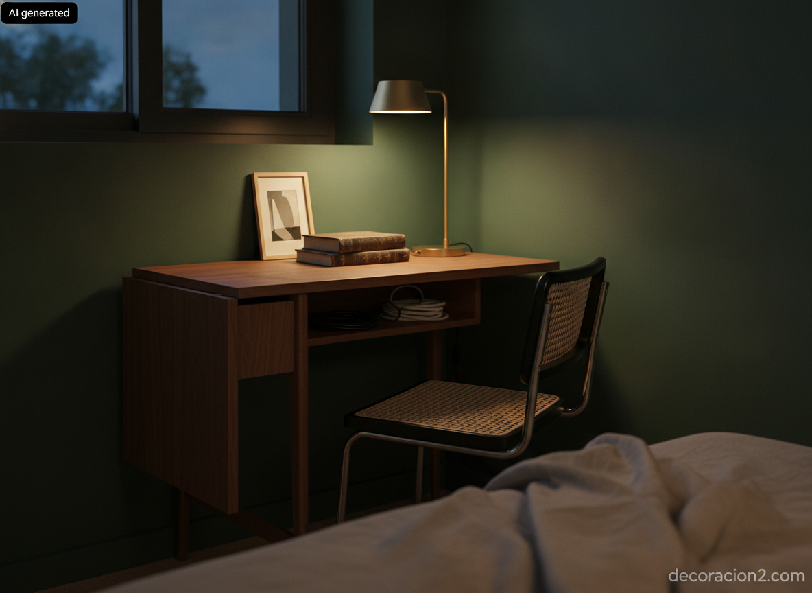 Escritorio estrecho de nogal con la extensión lateral plegada en un dormitorio de pared verde iluminado por una lámpara de latón