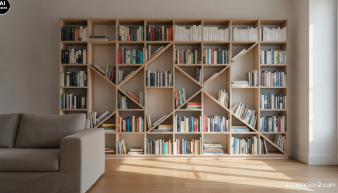 Estantería extensible para libros en zigzag de contrachapado claro ocupando la pared de un salón luminoso