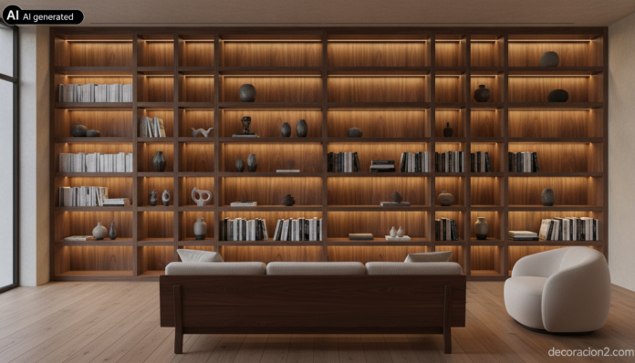 Salón al atardecer con una estantería iluminada de madera y baldas asimétricas con tiras LED cálidas bajo cada estante