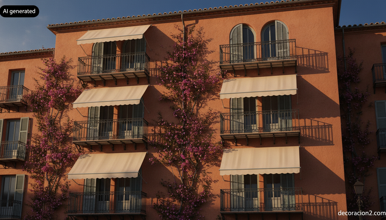 Fachada mediterránea con toldos y persianas como protección solar exterior complementaria