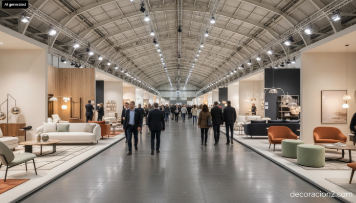 Wide establishing shot inside a large modern exhibition hall during an interior design trade fair. Rows of well-lit stands... Pabellón de una feria de decoración con estands de mobiliario y visitantes
