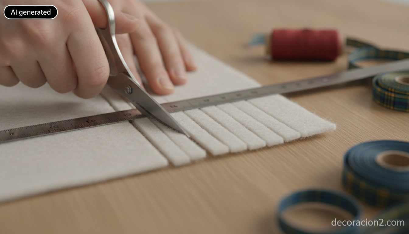 Detalle de manos cortando tiras verticales en una lámina de fieltro blanco con tijeras sobre una mesa de madera