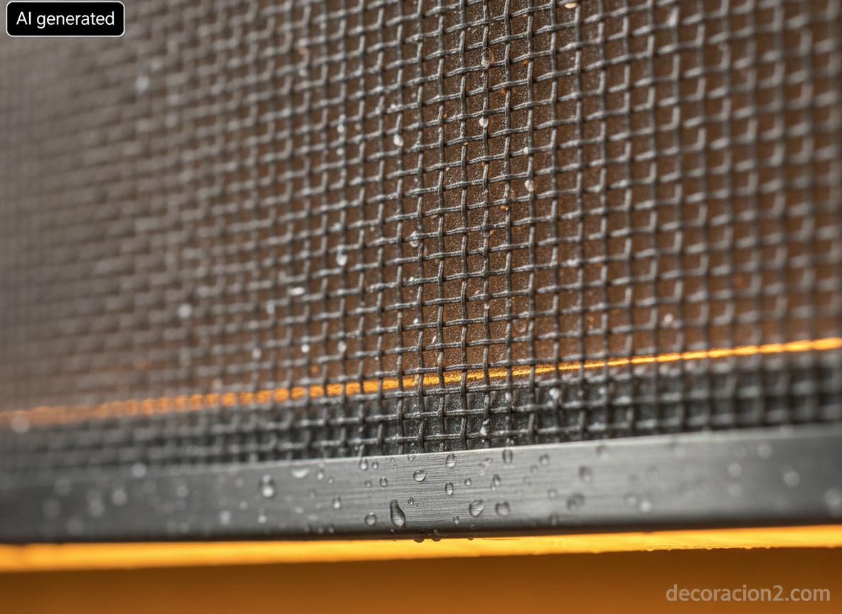 Detalle macro del filtro metálico de aluminio de una campana extractora con gotas de condensación